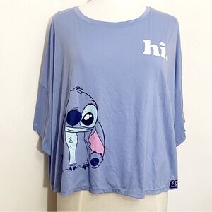 Disney Stitch Blue Cropped Boxy Tee Shirt with Cartoon Graphic Print 2X
